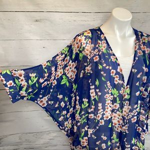 Cherry Blossom Sheer Kimono Blue Cover Up